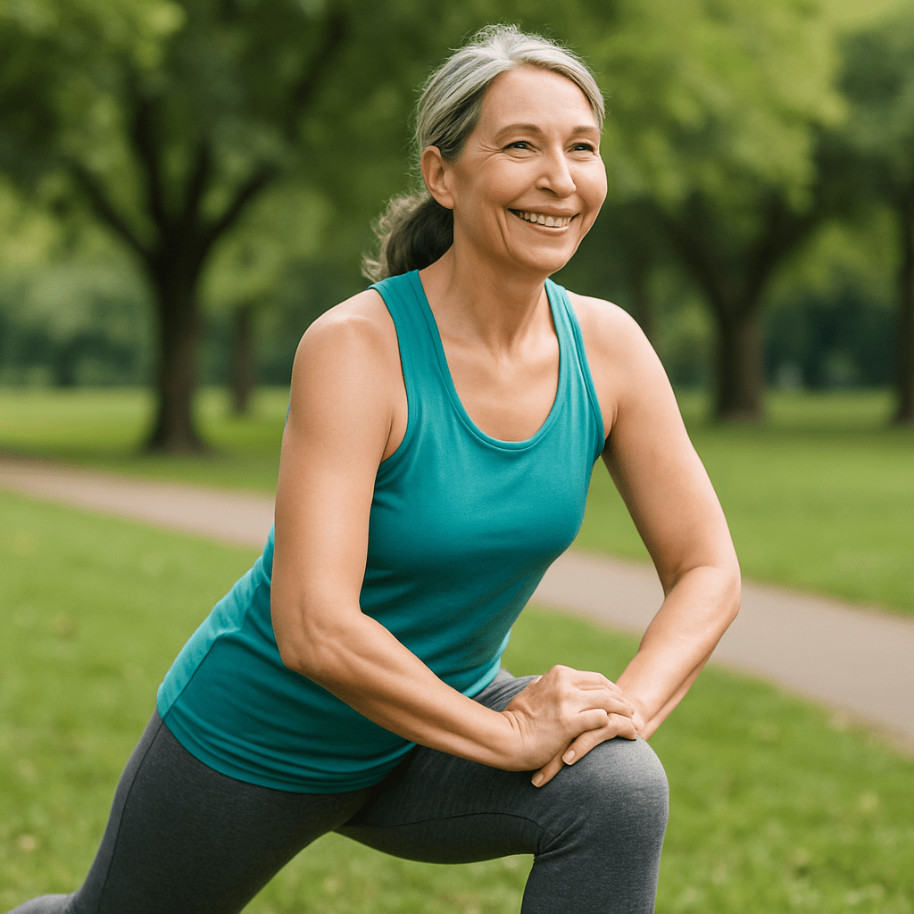 Middle-aged woman doing a lunge in a park on a sunny day