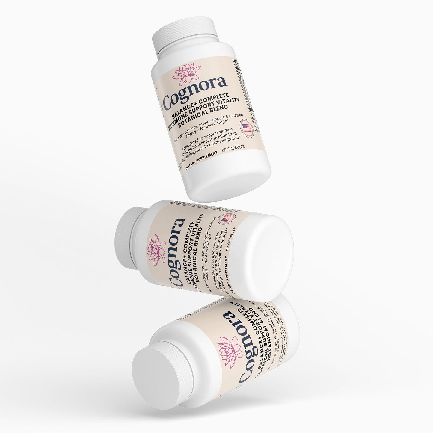 Three bottles of Cognora supplement on a white background
