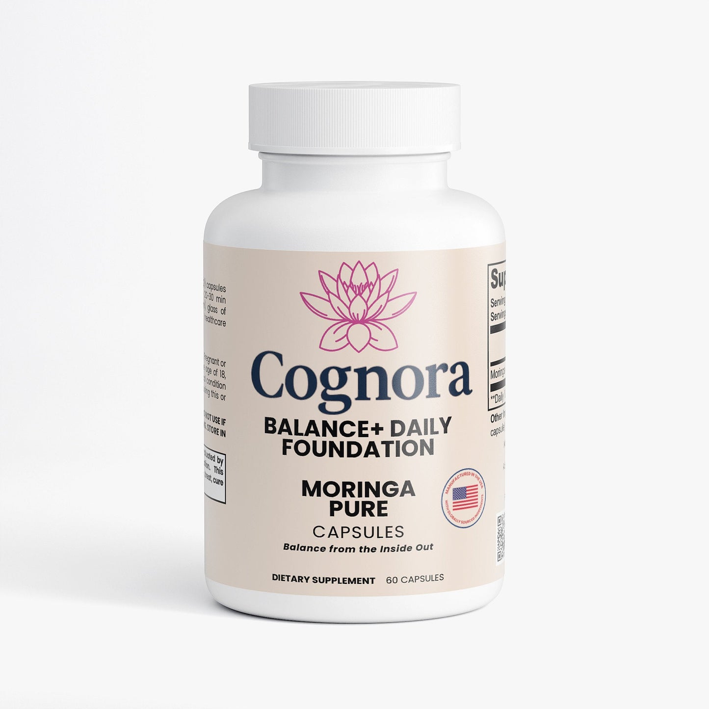 Bottle of Cognora Moringa Pure capsules on a white background