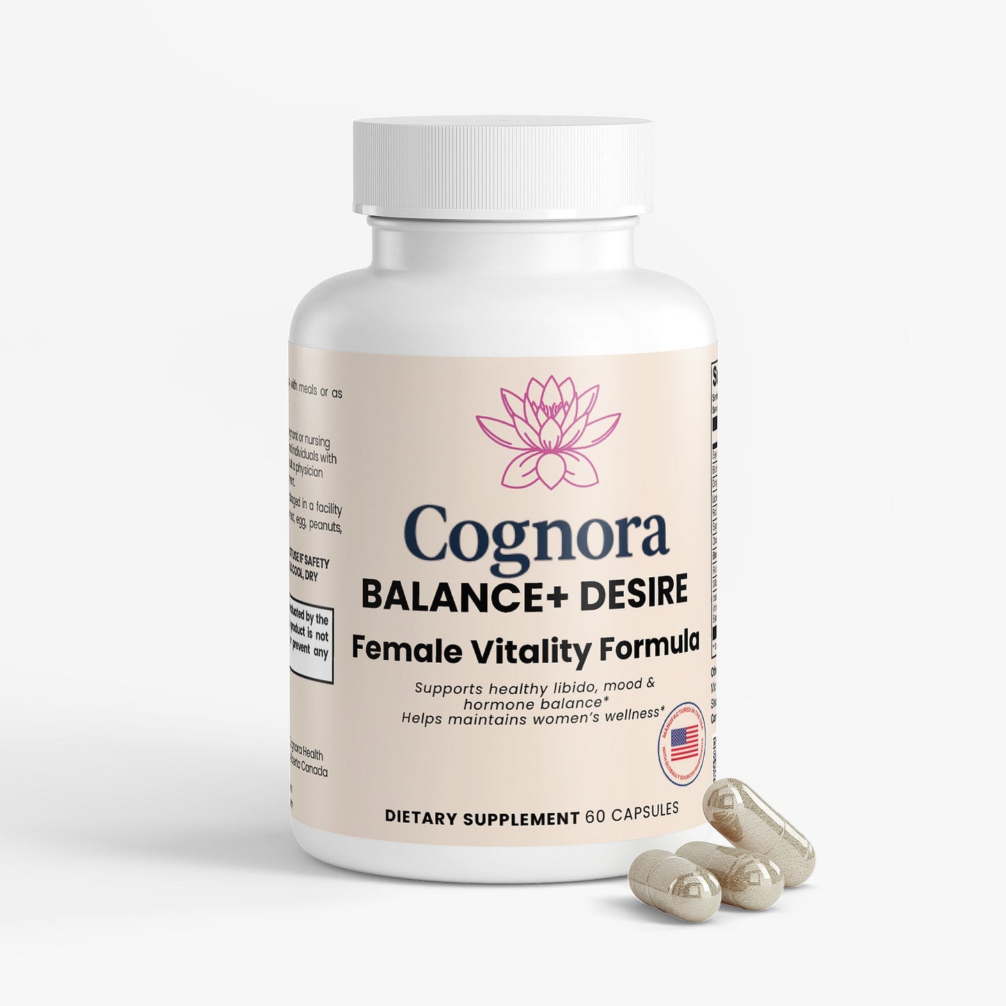 Supplement bottle labeled 'Cognora Balance + Desire' on a white background