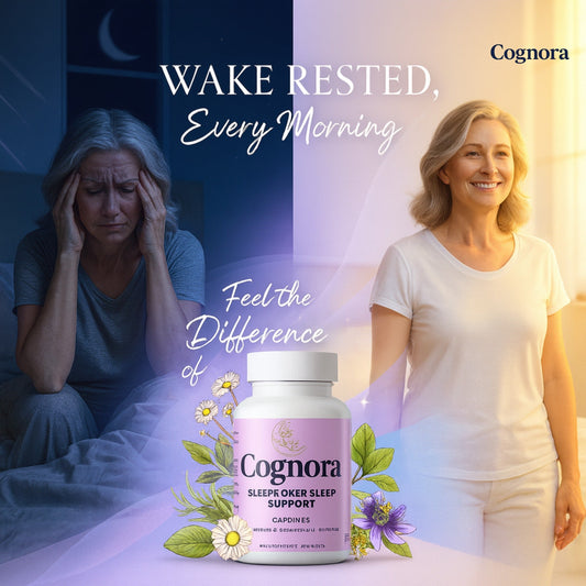 Happy mature woman taking the Cognora Sleep+ support product before and after using the product.
