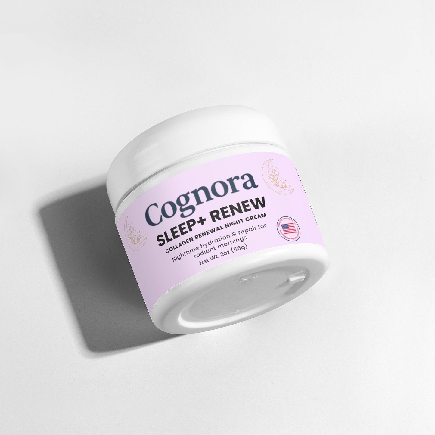 Cognora Sleep + Renew cream jar on a light gray background