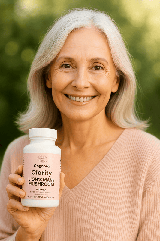 A woman holding a bottle of Lions Mane supplement