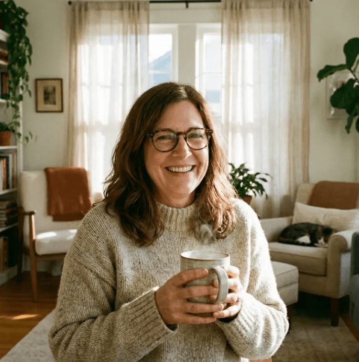 Middle-aged woman with warm smile with coffee in hand