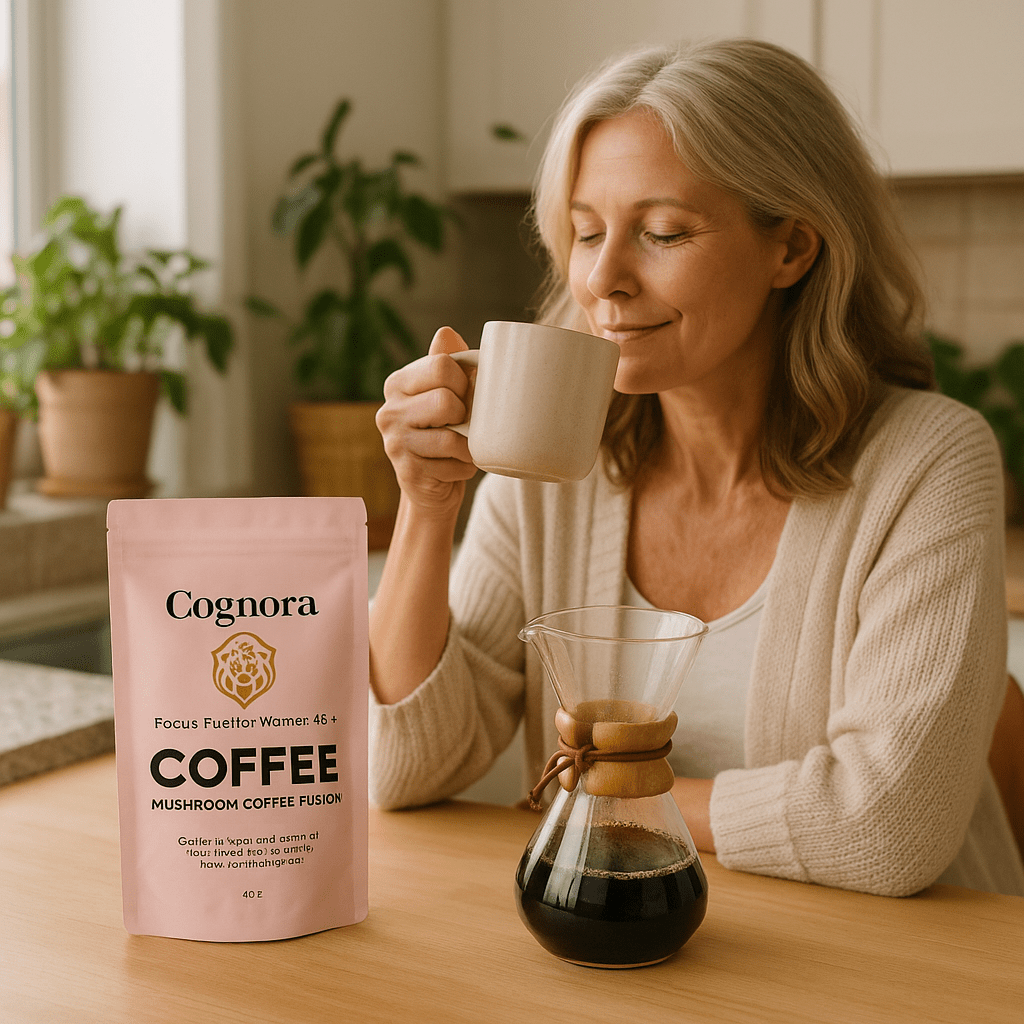 Image of woman drinking mushroom coffee