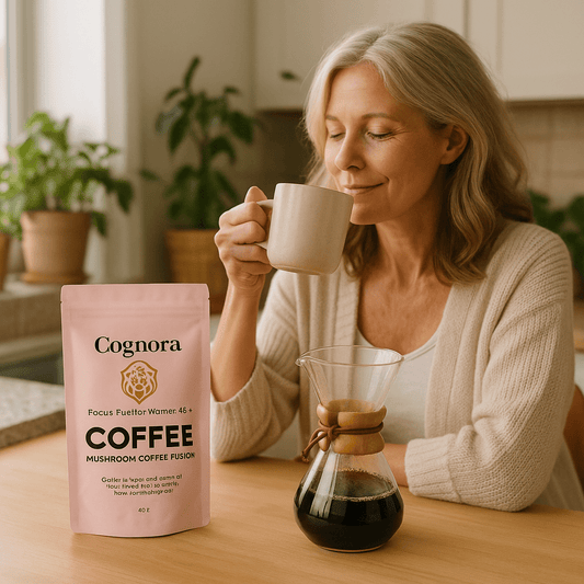 Image of woman drinking mushroom coffee