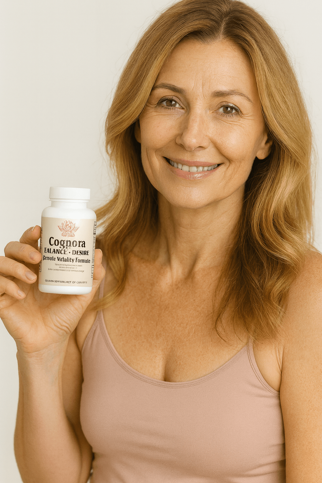 A smiling middle-aged woman with soft wavy blonde hair holds a bottle of Cognora Balance+ Desire Female Vitality Formula against a neutral background, representing natural libido, mood, and hormone support for women.