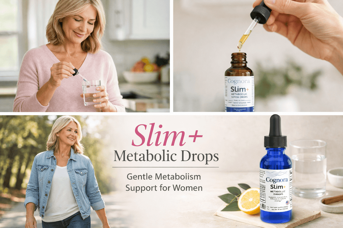 Slim+ Metabolic Drops with woman taking liquid supplement.