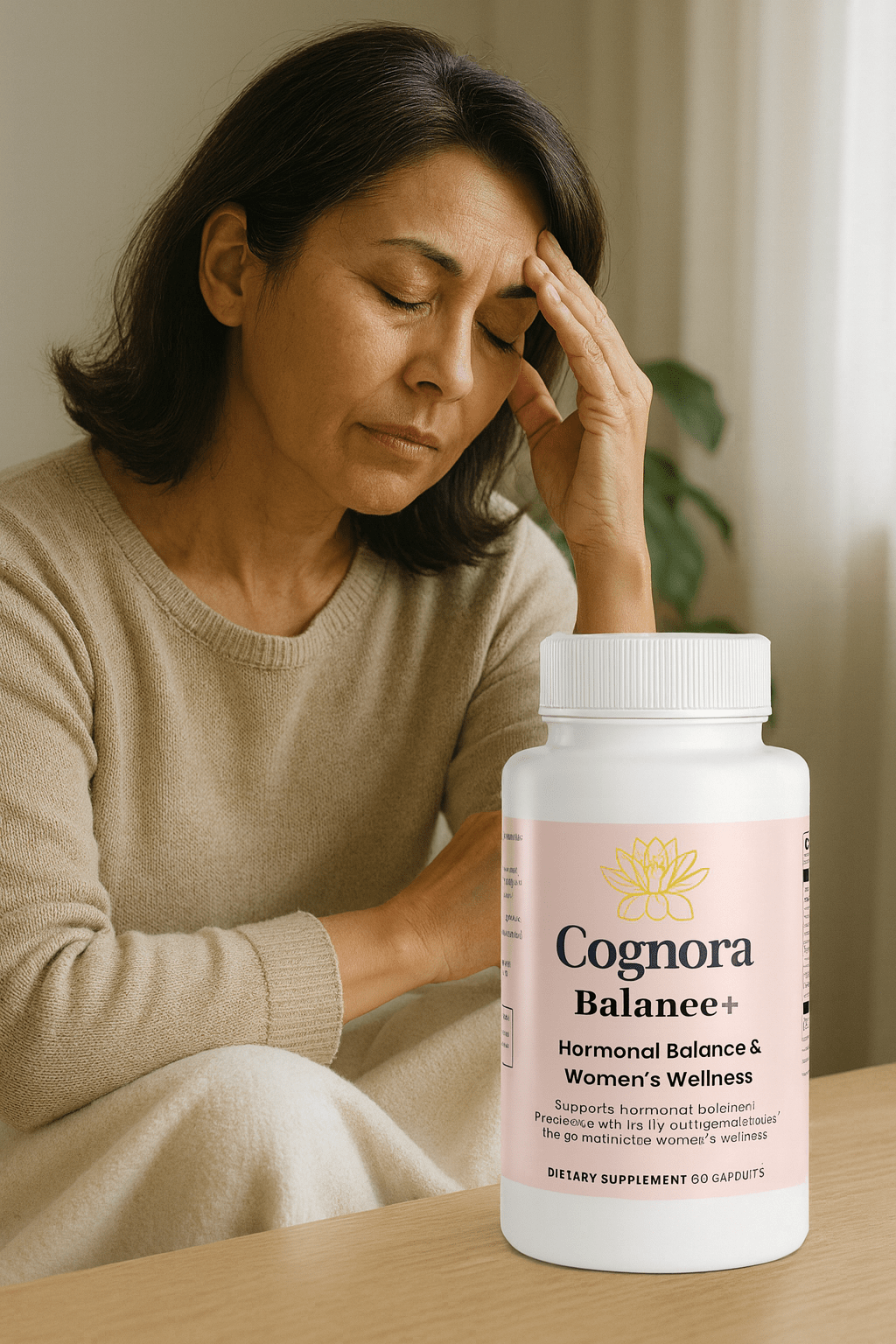 Cognora Balance+ supplement bottle for hormonal balance and women’s wellness.