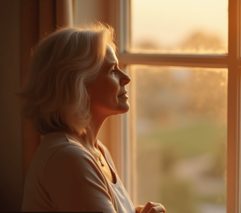 A mature woman gazed out a window