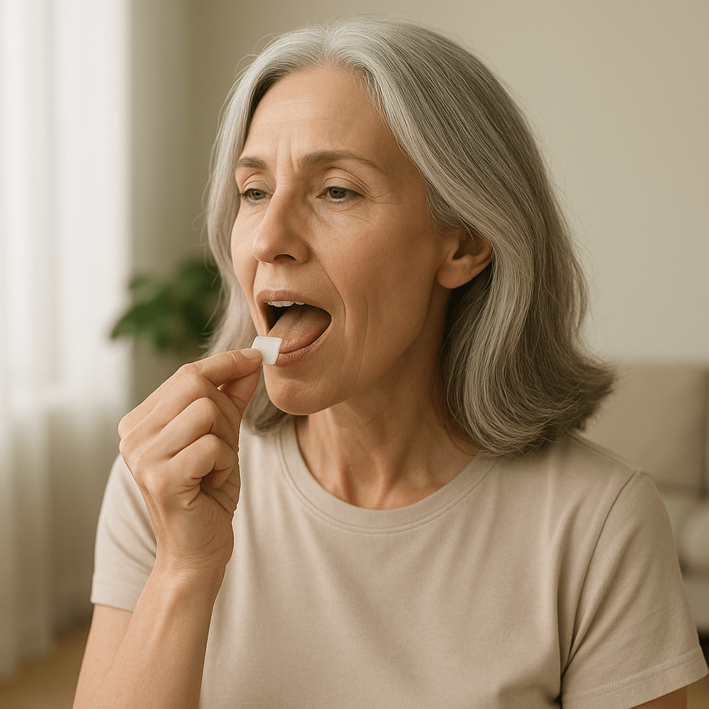 Midlife woman placing a wellness strip on her tongue in a calm, softly lit room.