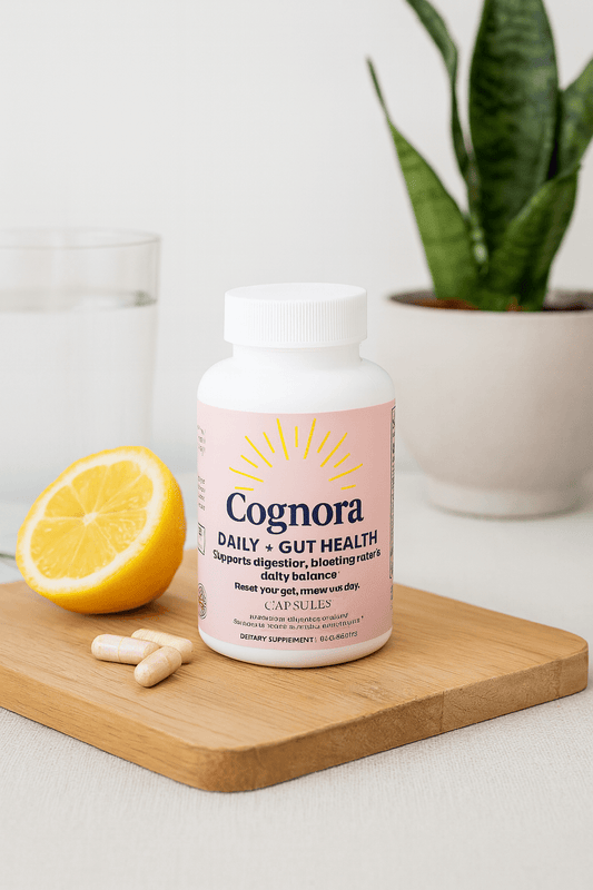 Cognora Daily+ Bottle on a bread board in a kitchen setting