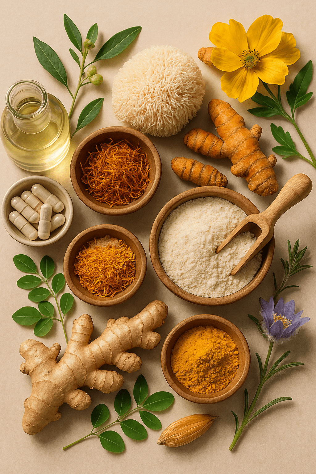 Natural wellness ingredients arranged on a neutral background, featuring turmeric, ginger, saffron, moringa leaves, collagen powder, capsules, and botanical flowers.