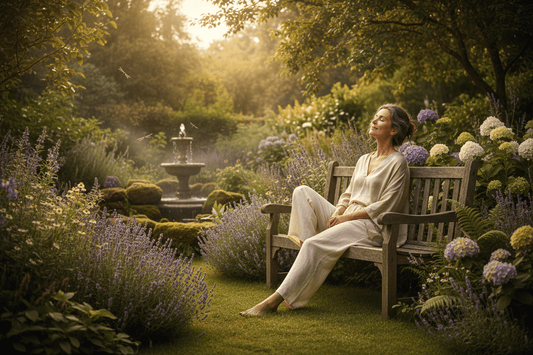 Woman in her 40s sitting peacefully outdoors, representing calm and hormonal balance