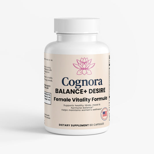 Supplement bottle labeled 'Cognora Balance + Desire' on a white background