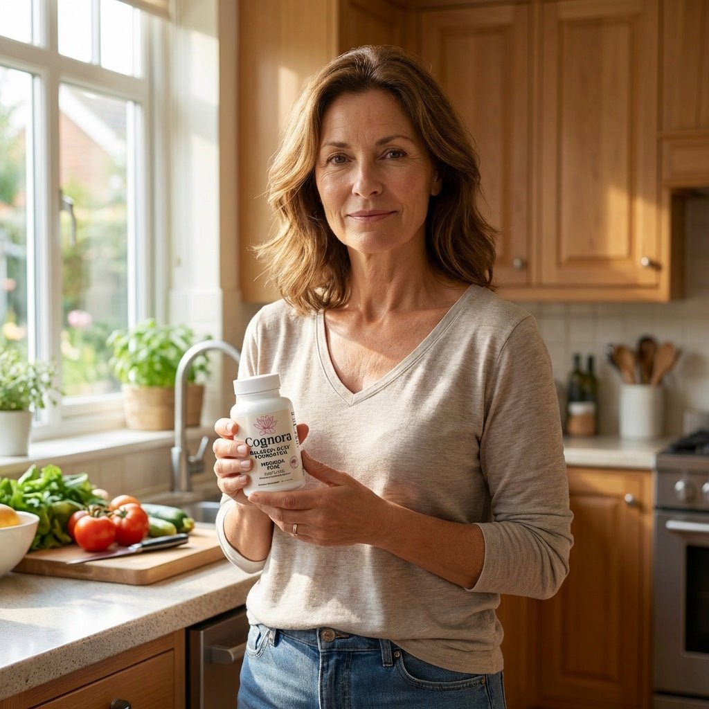 Woman holding a bottle of Cognia in a kitchen