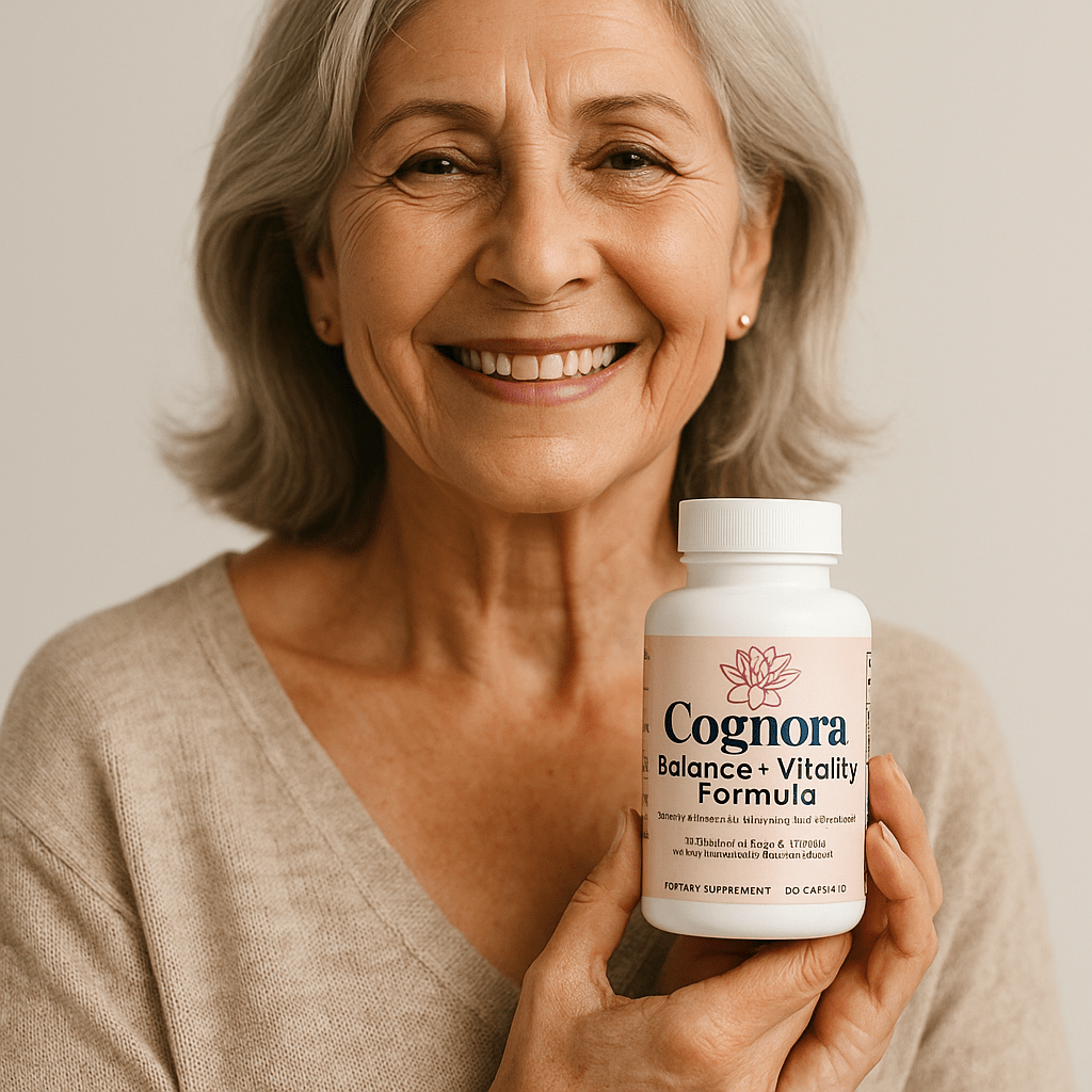 Woman holding a bottle of Cognora Balance + Vitality Formula against a neutral background