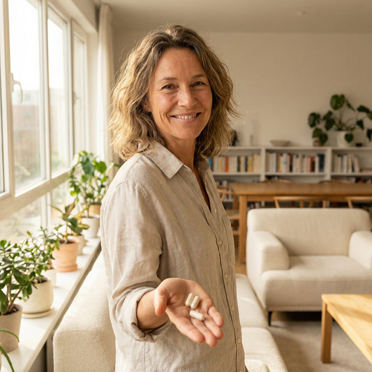 Woman holding pills in a living room with plants and furniture.