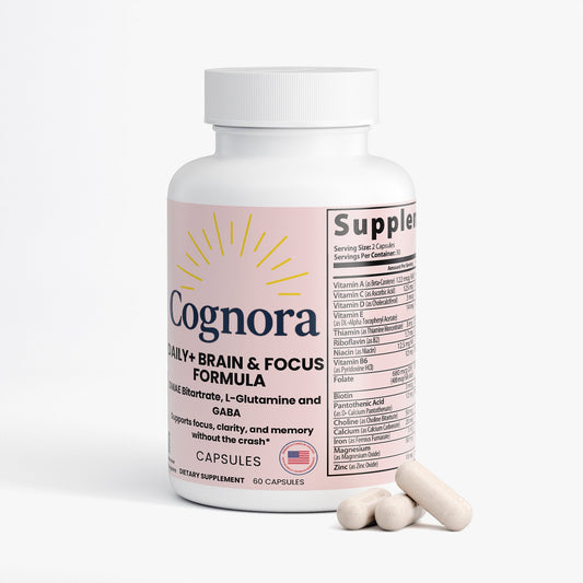 Cognora daily brain and focus formula supplement bottle on a white background