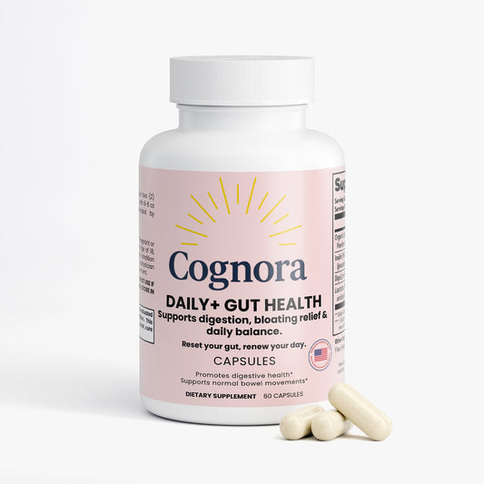 Cognora Daily + Gut Health supplement bottle with capsules on a white background