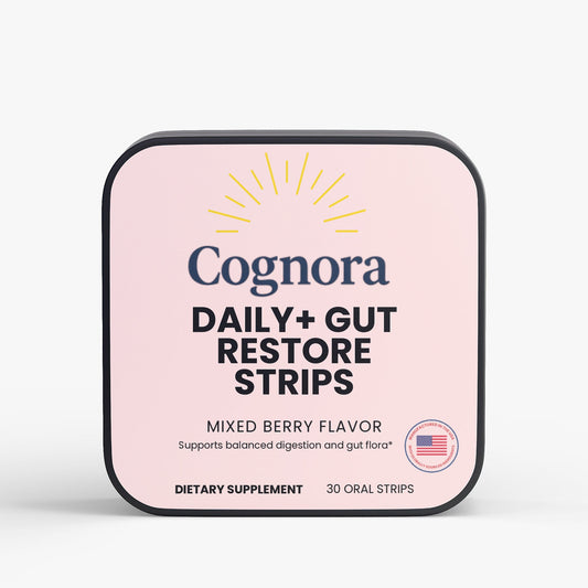 Cognora Daily+ Gut Restore Strips packaging on a light gray background