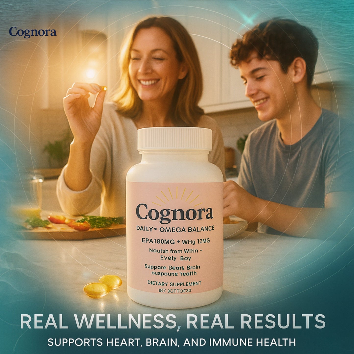 Happy mature woman taking Cognora Daily+ Omega balance support supplement at home.