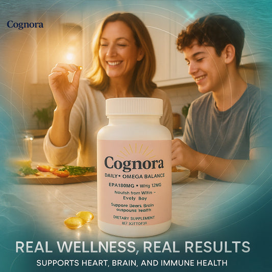 Happy mature woman taking Cognora Daily+ Omega balance support supplement at home.