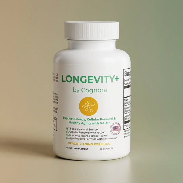 Supplement bottle labeled 'LONGEVITY+ by Cognora' on a beige background