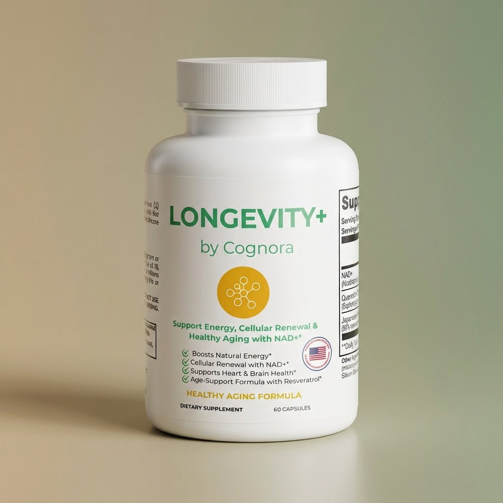 Supplement bottle labeled 'LONGEVITY+ by Cognora' on a beige background