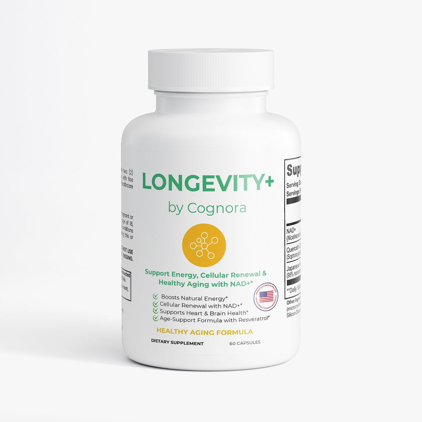 Supplement bottle labeled 'LONGEVITY+ by Cognora' on a white background