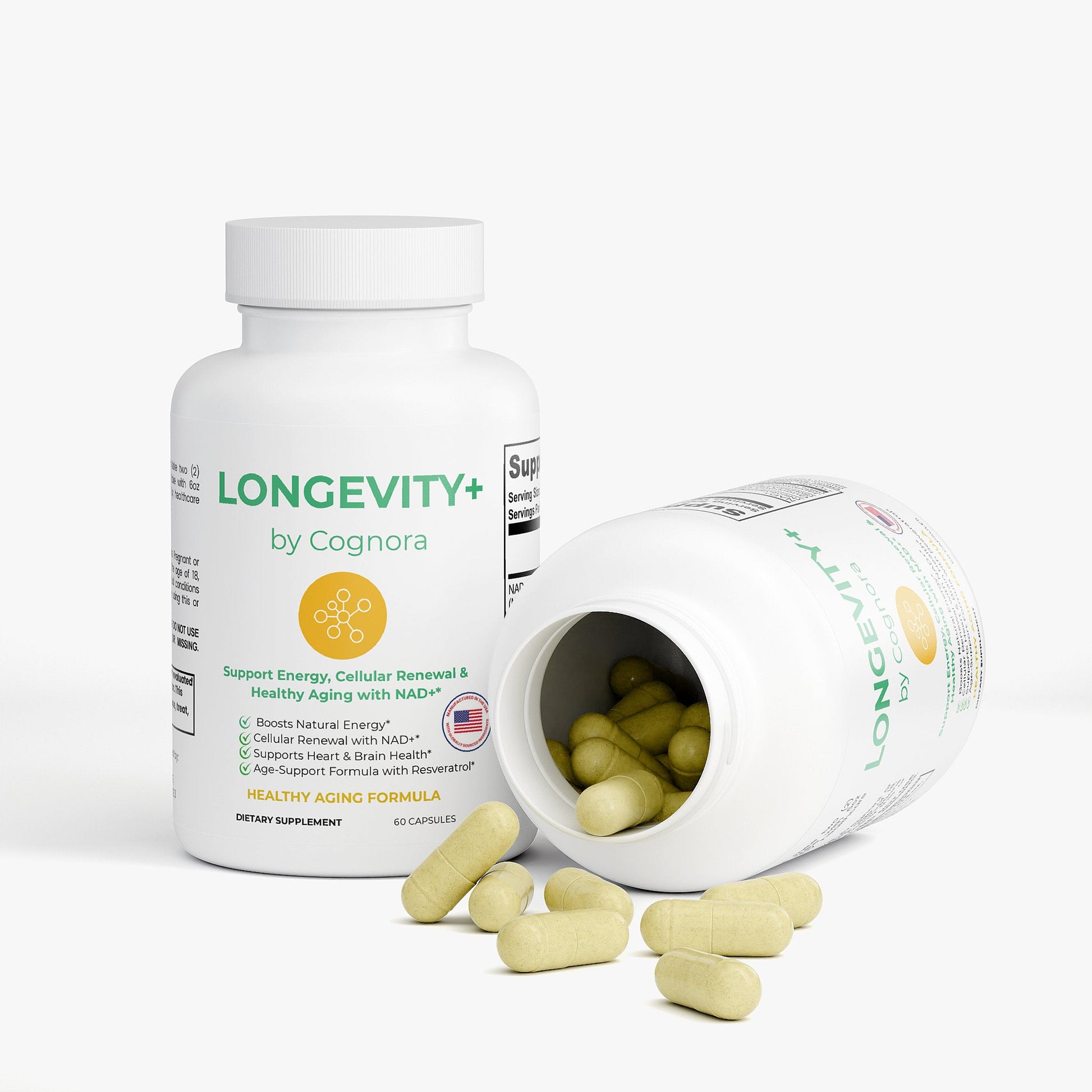 Longevity+ supplement bottle with open cap showing pills on a white background
