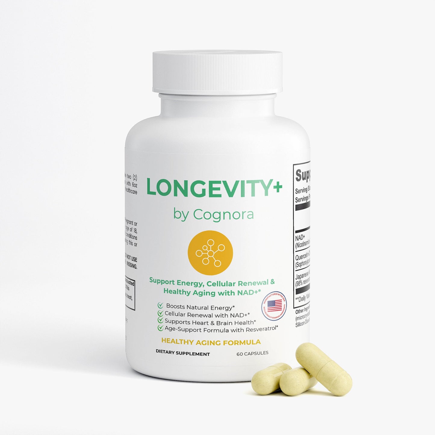 Supplement bottle labeled 'Longevity+ by Cognora' on a white background