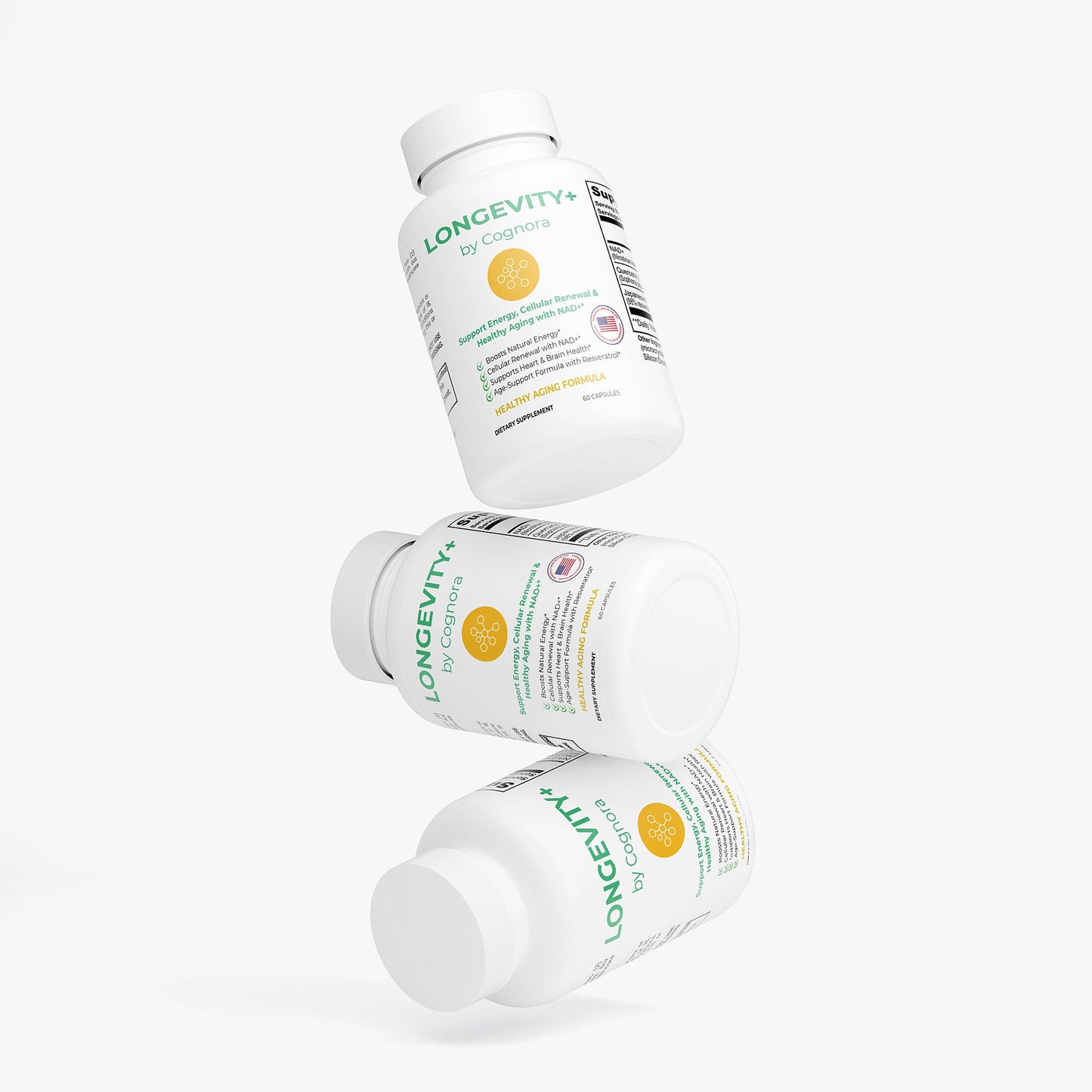 Three bottles of Longevity by Nahrung on a white background