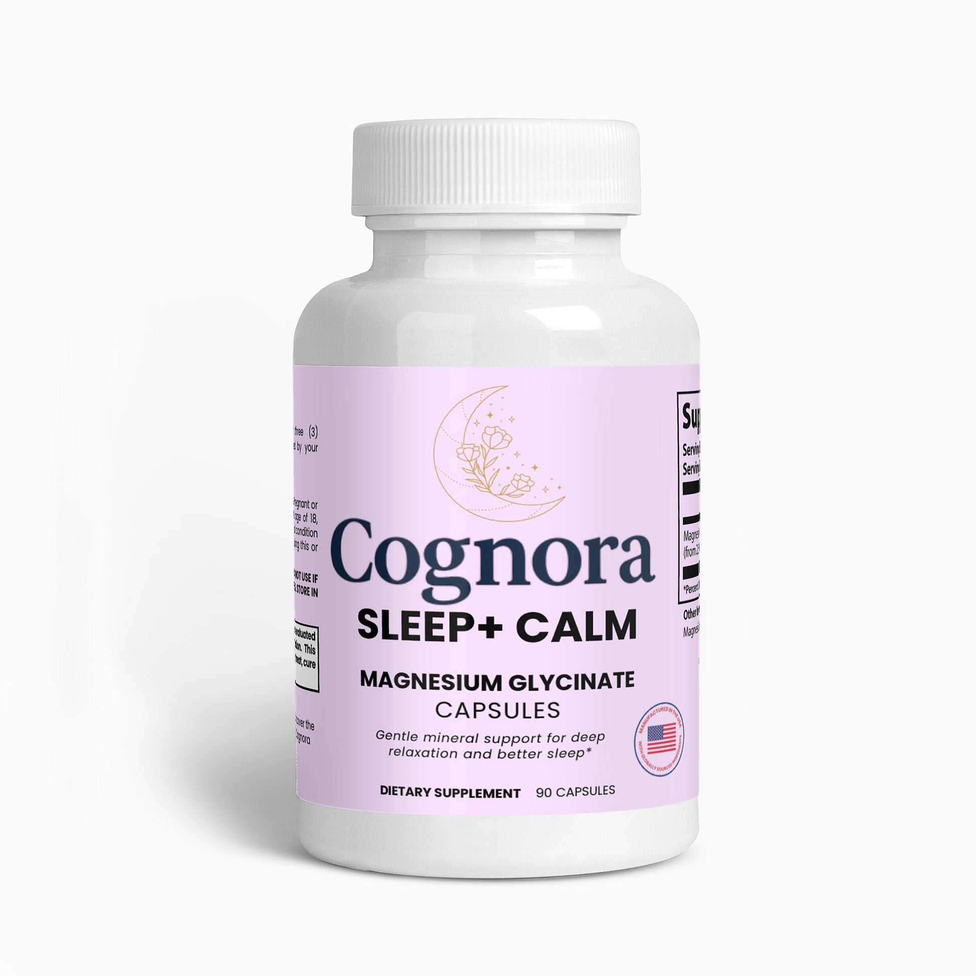 Bottle of Cognora Sleep + Calm magnesium glycinate capsules on a white background