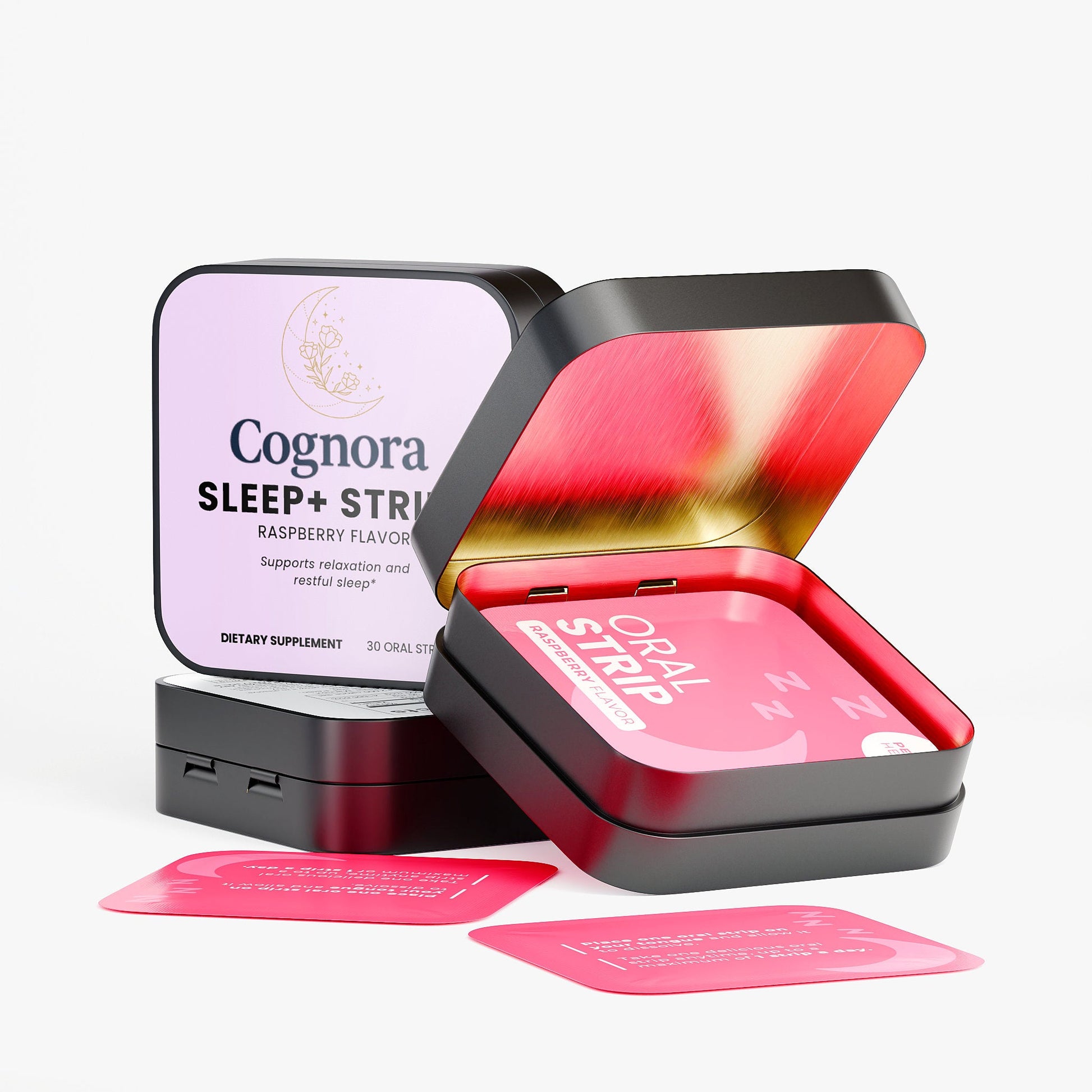 Cognora Sleep + Strips packaging with pink strips on a white background