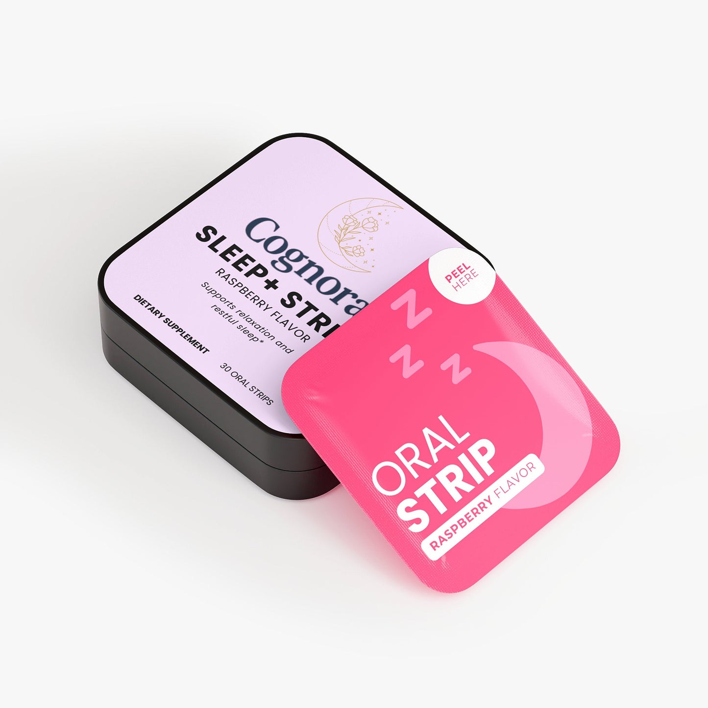 Cognoraa sleep and stress relief oral strip packaging on a white background