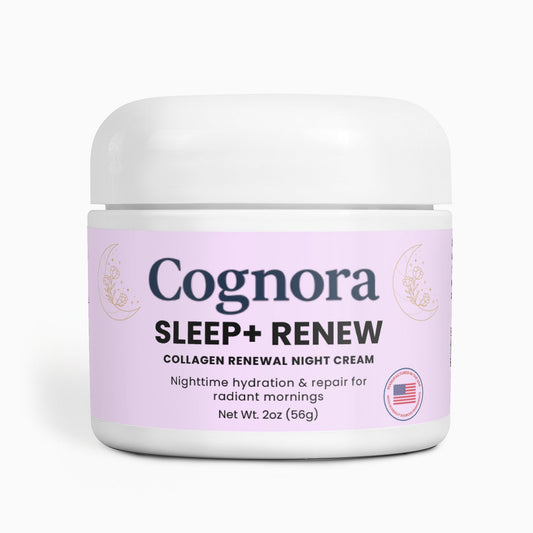 Cognora Sleep + Renew collagen renewal night cream jar on a white background