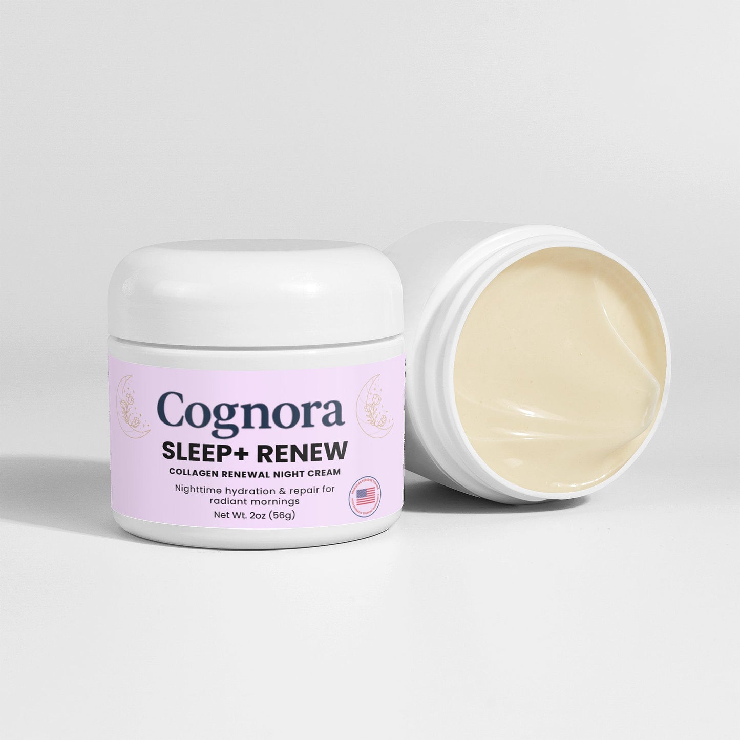 Cognora Sleep + Renew cream jar with open lid on a white background